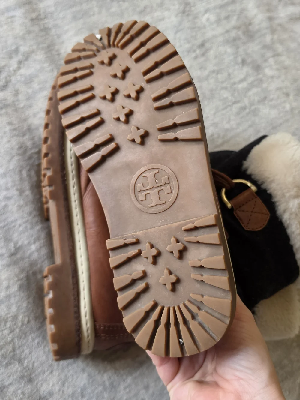 Tory Burch Jada shearling-lined duck boots dark grey flannel brown leather